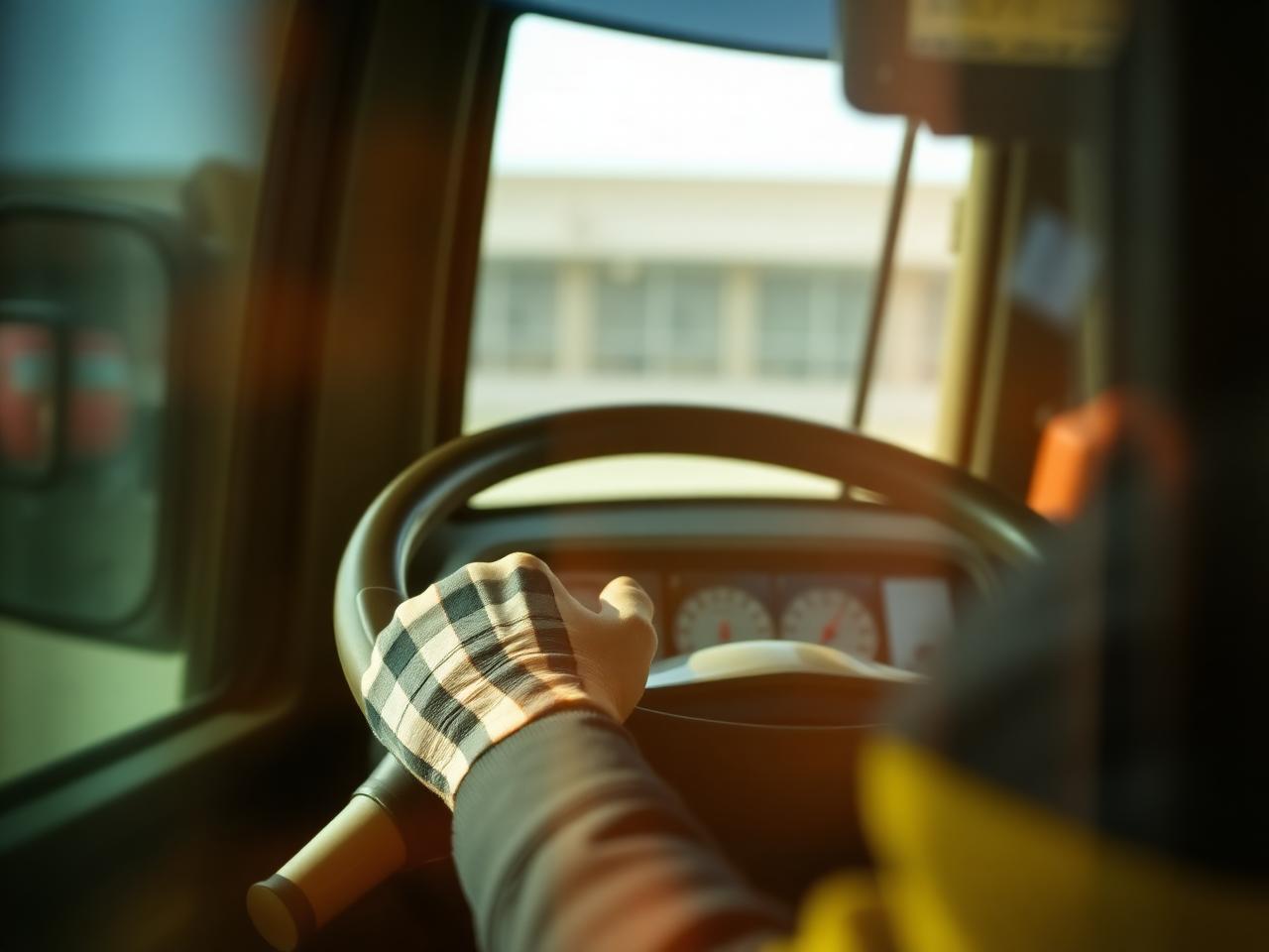 Mano sul volante di un mezzo pesante